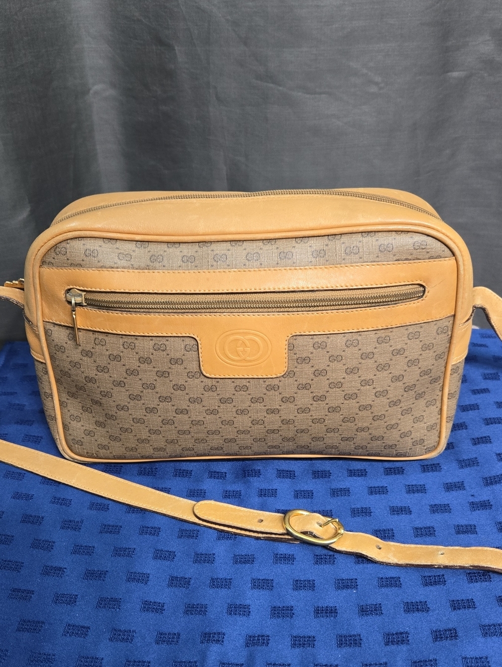 Gucci Beige Brown Monogram Messenger Bag with Tan Leather Trim